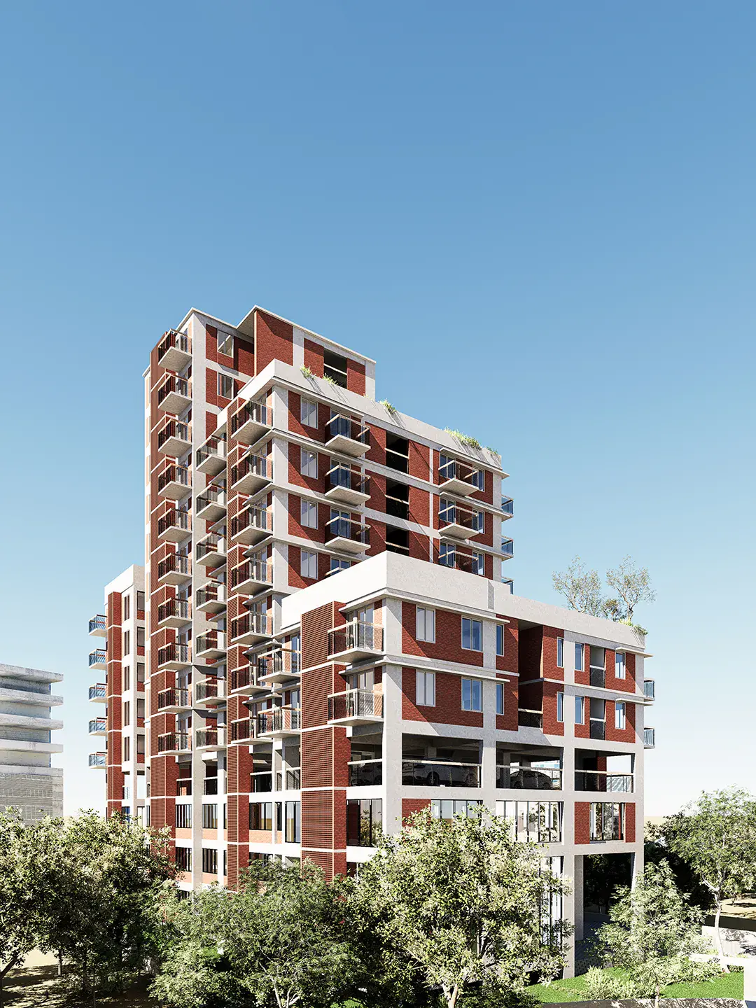 29 Katha Residence — brick towers with white-framed verandas rising above a landscaped podium