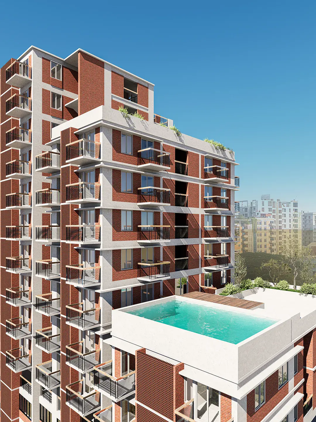 Elevated view of the swimming pool terrace at 29 Katha Residence