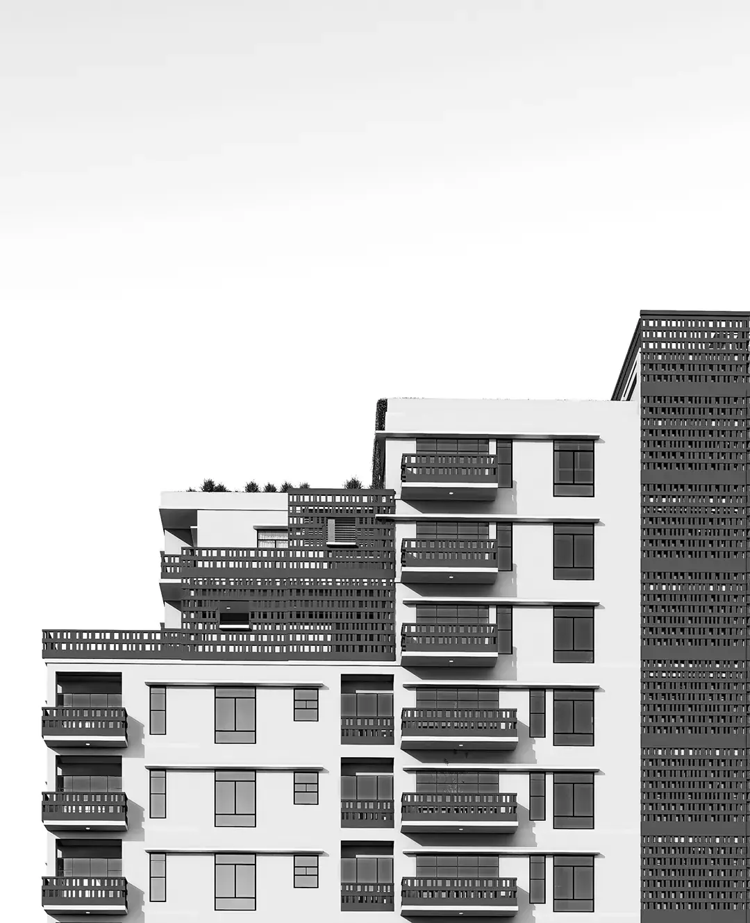Monochrome elevation study of The Artisan Retreat's stepped façade