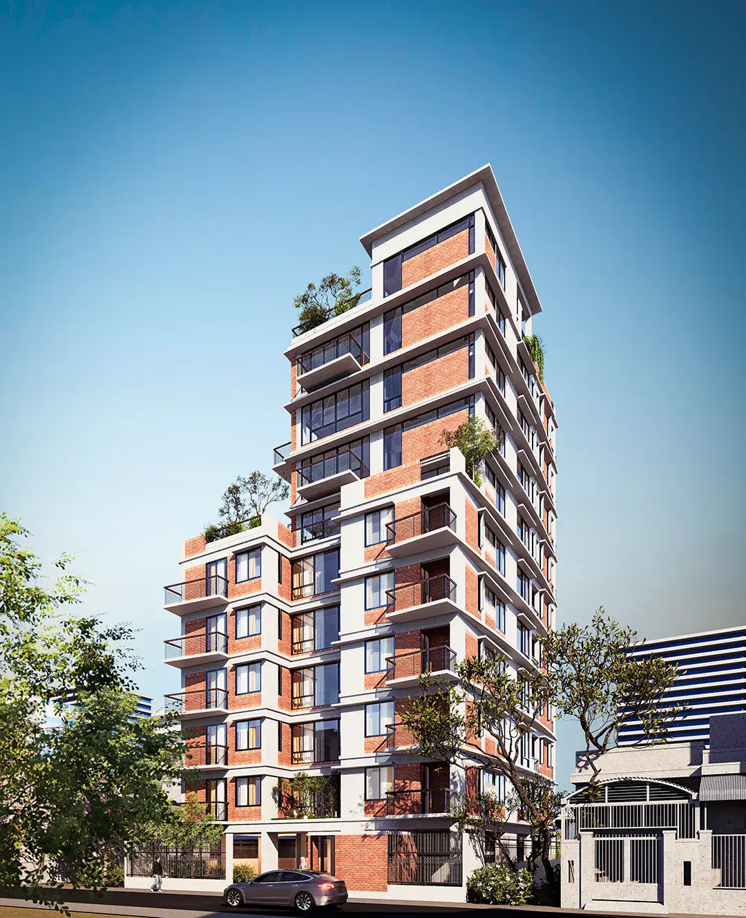 Bithi Residence — brick and white tower with south-facing balconies