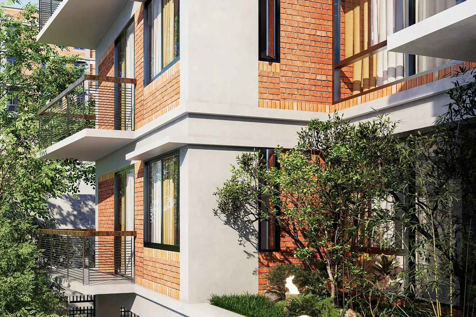 Brick, concrete and balcony greenery up close, Bithi Residence