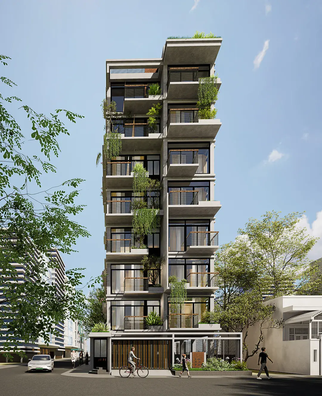 Dipu Residence — slender corner tower woven with vertical greenery