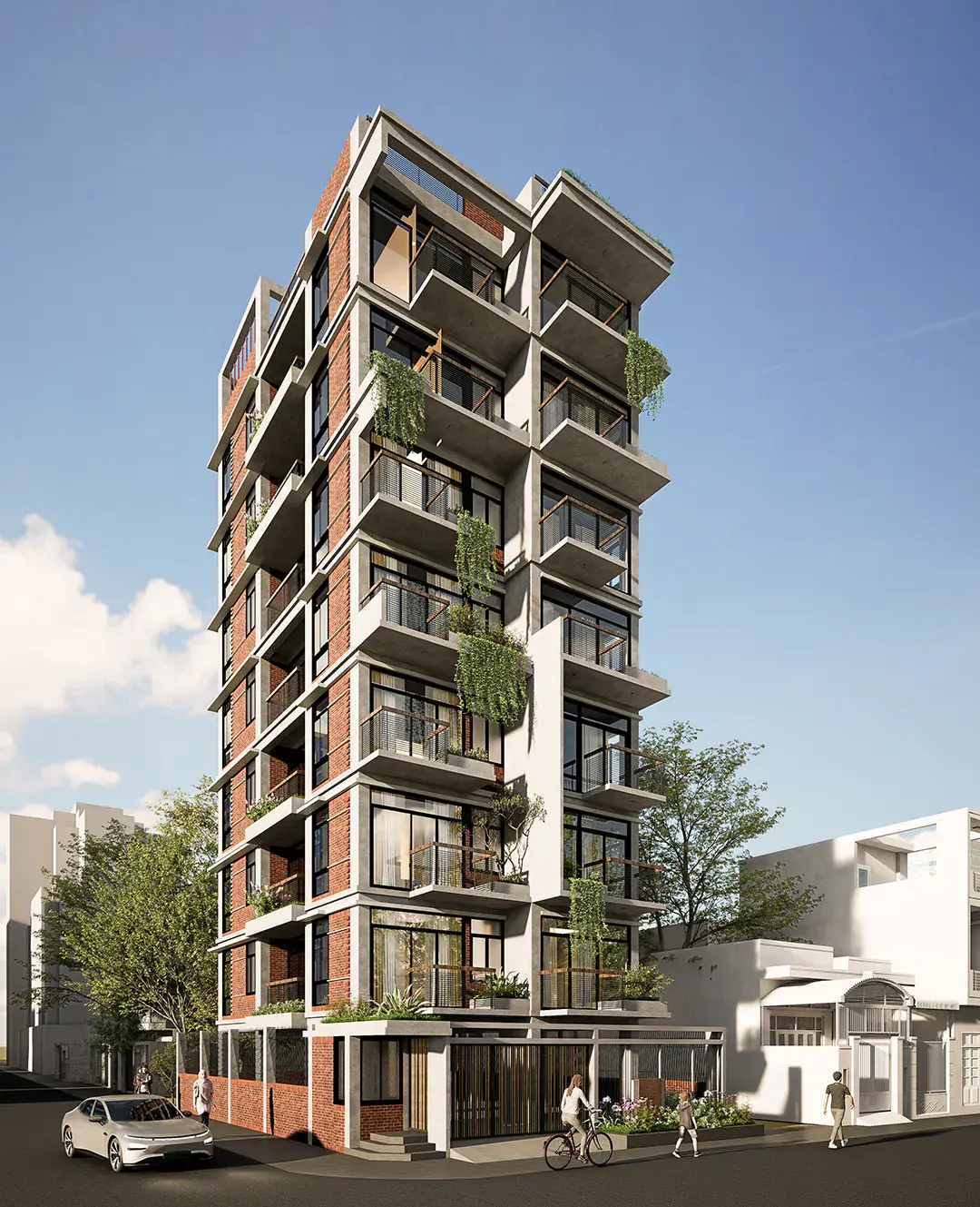 Dipu Residence rising above the street with planted verandas