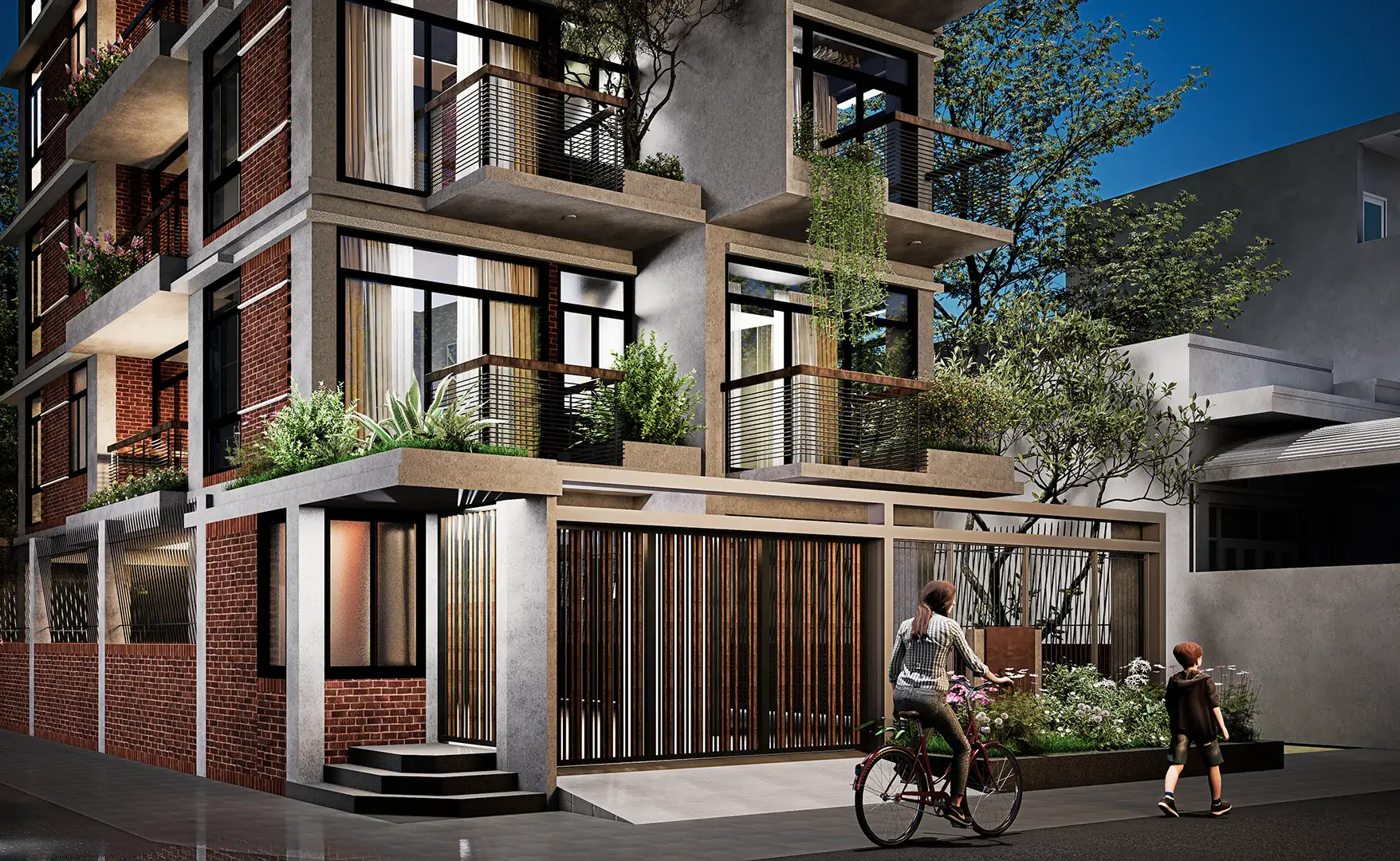 Street-level view of Dipu Residence's ground floor and brick screen
