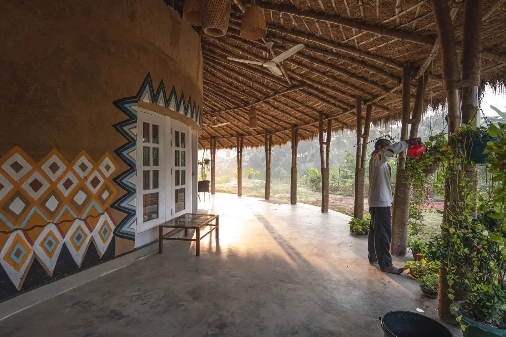 Veranda wall with hand-painted geometric motifs