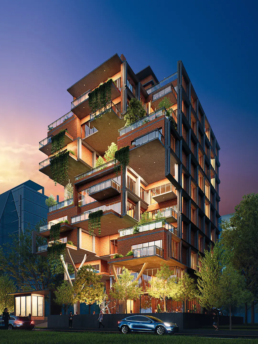 Gulshan Residence at dusk — cantilevered brick volumes with glowing interiors and hanging gardens