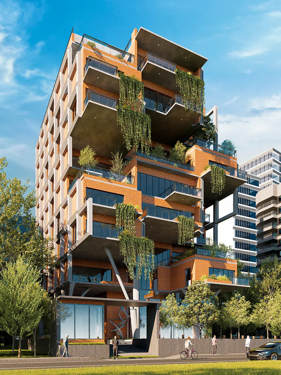 Gulshan Residence by day — stacked terraces draped in vines above the street
