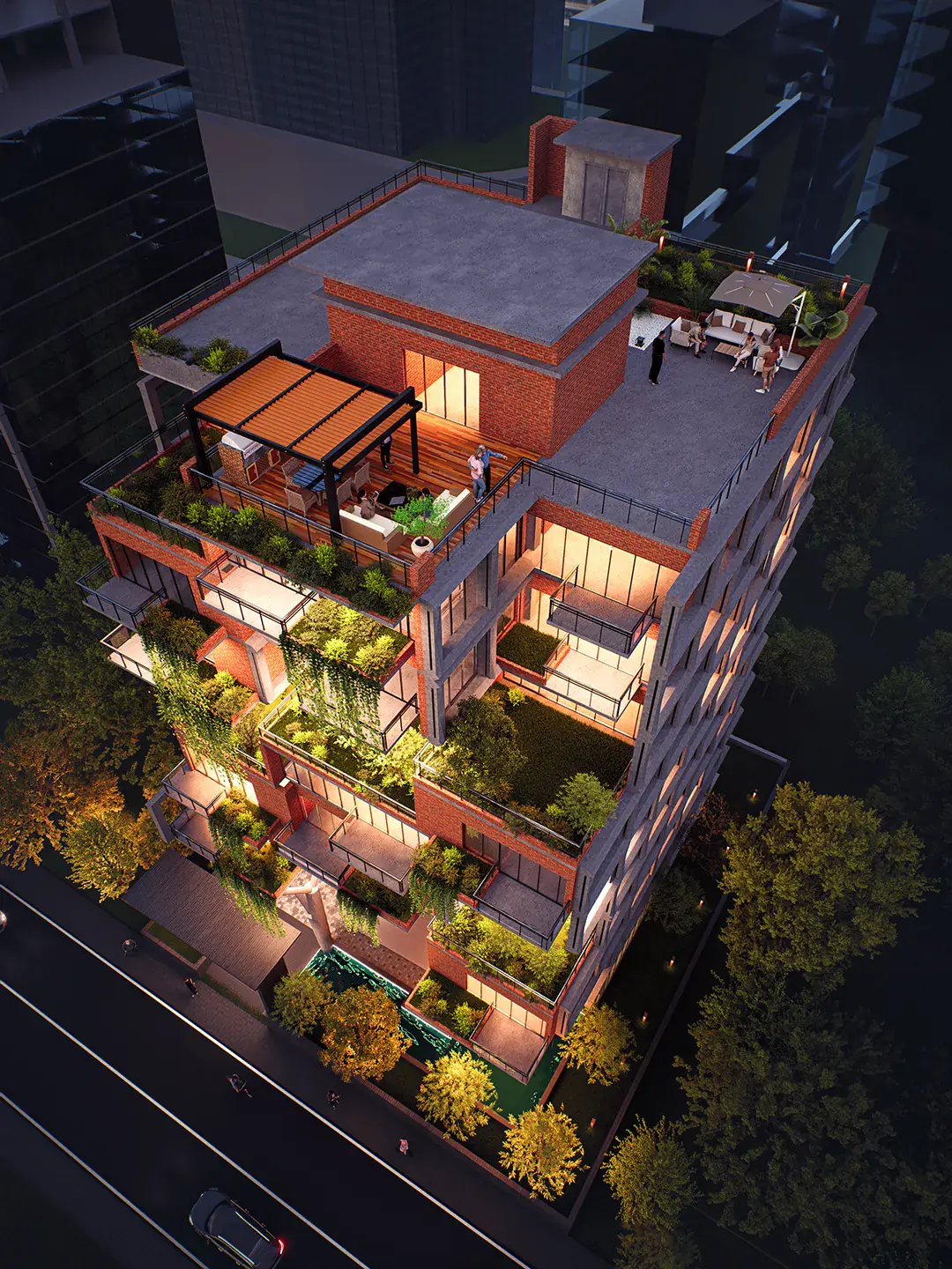 Aerial night view of Gulshan Residence's stepped garden terraces