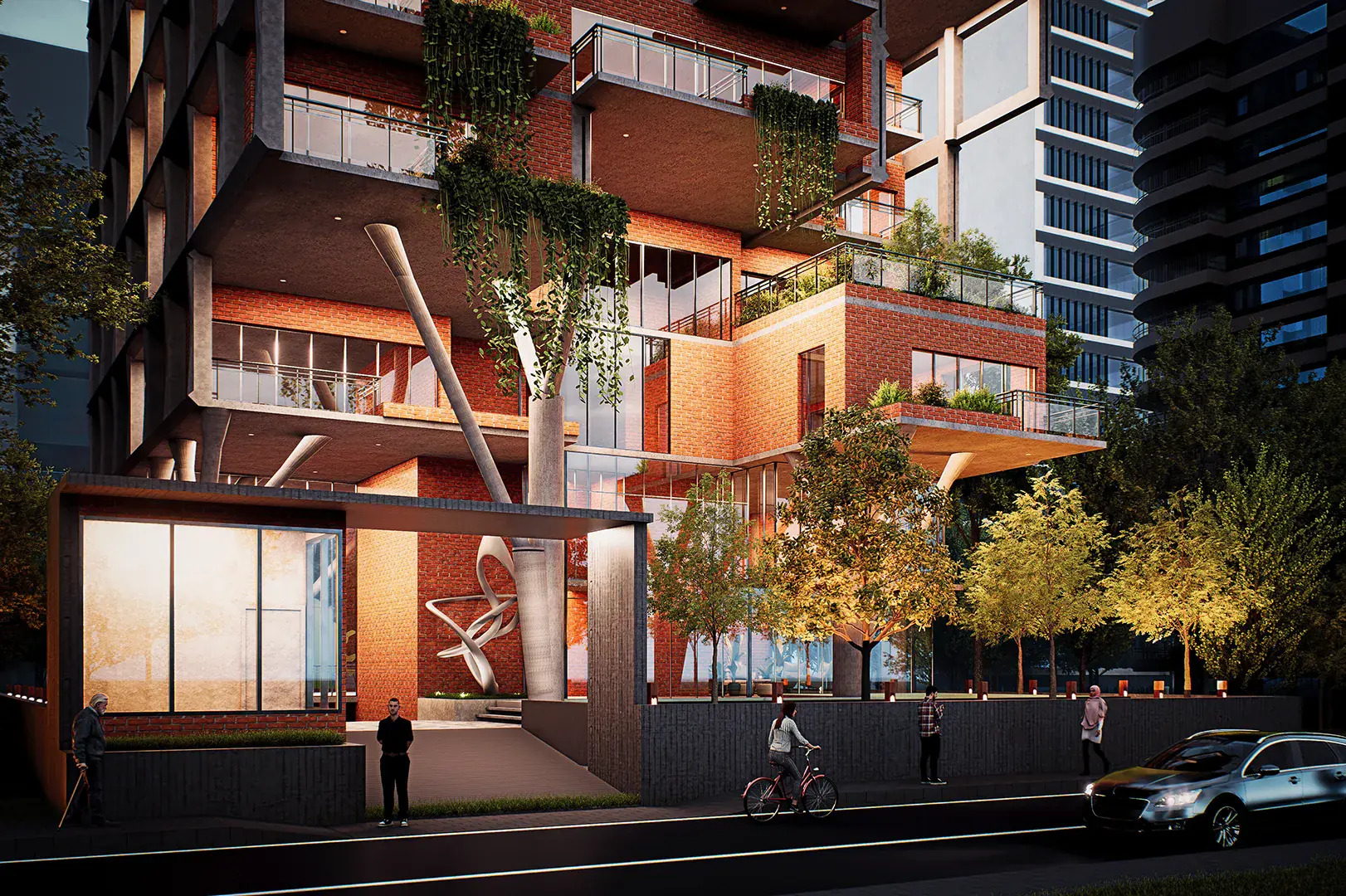 Street-level night view of the double-height entrance, Gulshan Residence