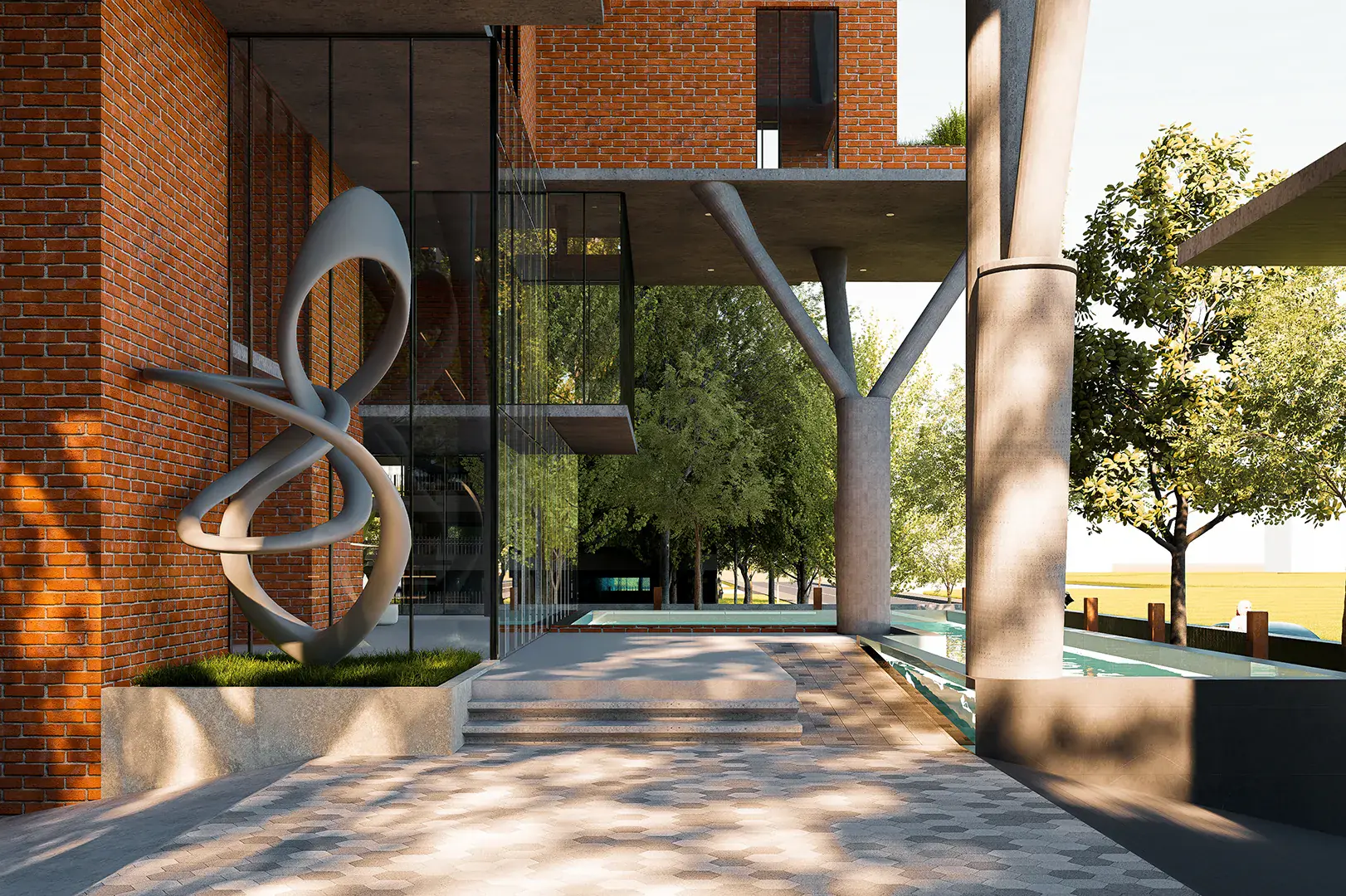 Entry court with a sculptural steel ribbon and tree-like columns, Gulshan Residence