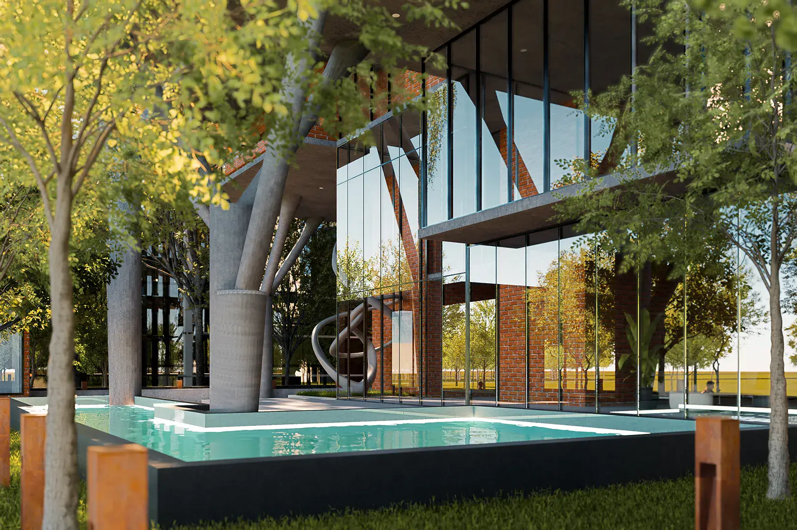 Water court framed by branching columns at the base of Gulshan Residence