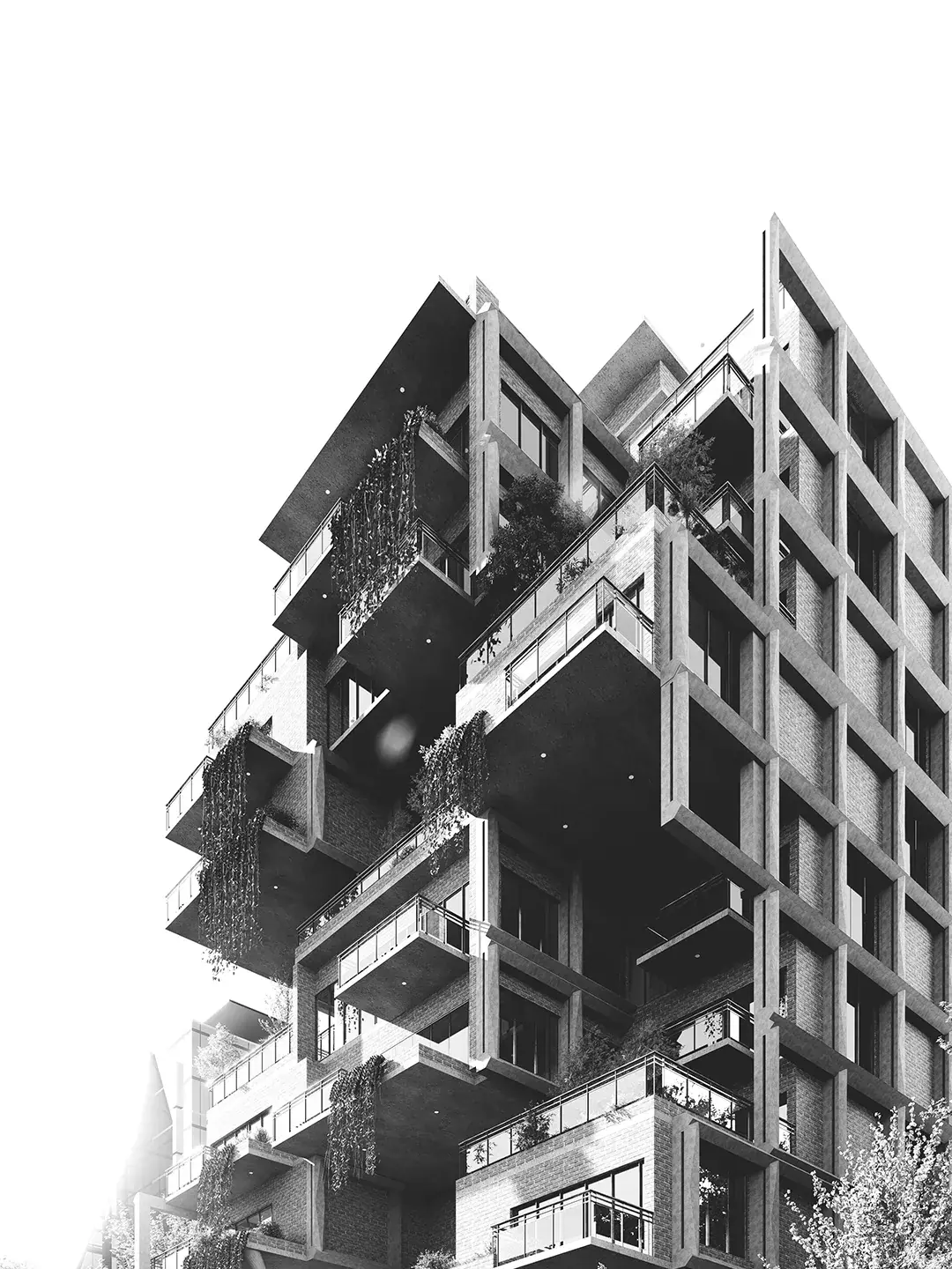 Monochrome massing study of Gulshan Residence's interlocking volumes