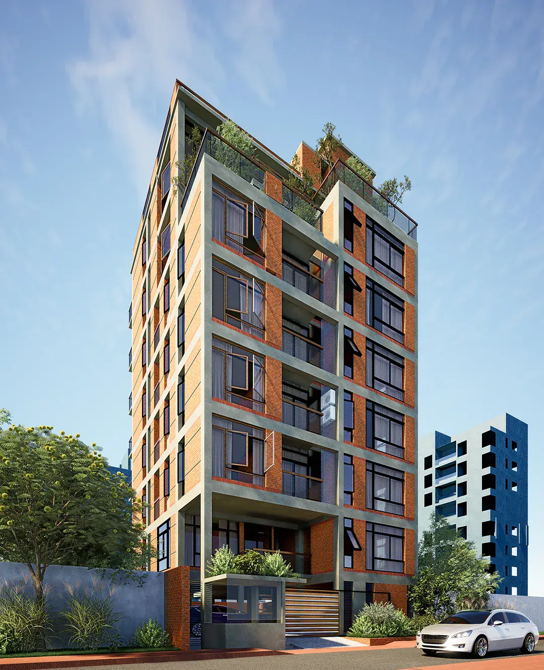 Rokon Residence — brick tower with deep balconies along the southern façade