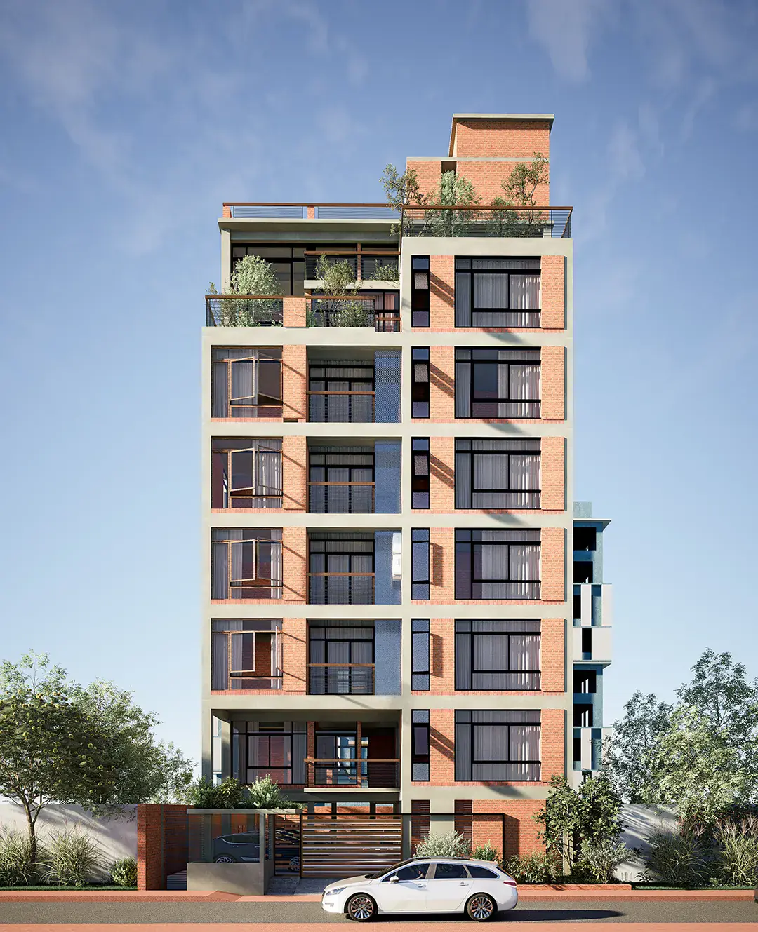 Front elevation of Rokon Residence with planted roof terrace