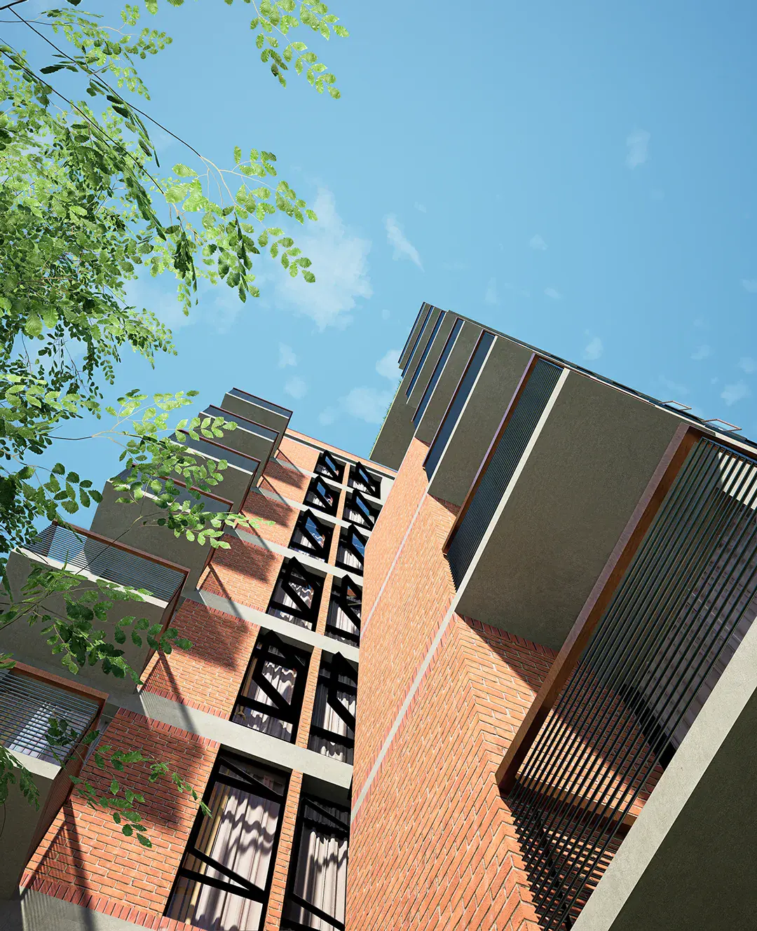 Looking up an exposed-brick façade, Rokon Residence