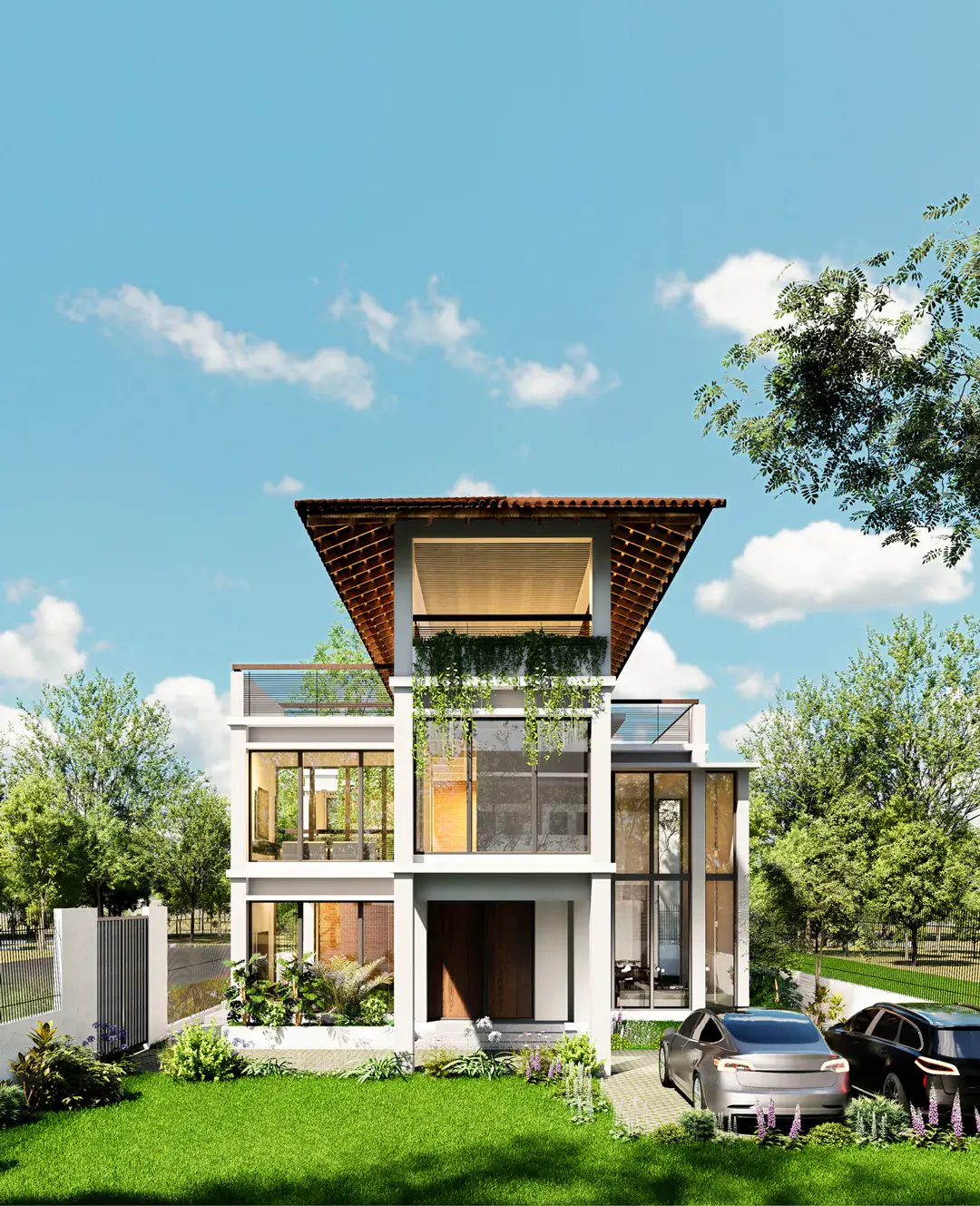 Tafazzal Residence — bold roof form over glazed upper floors and a planted garden