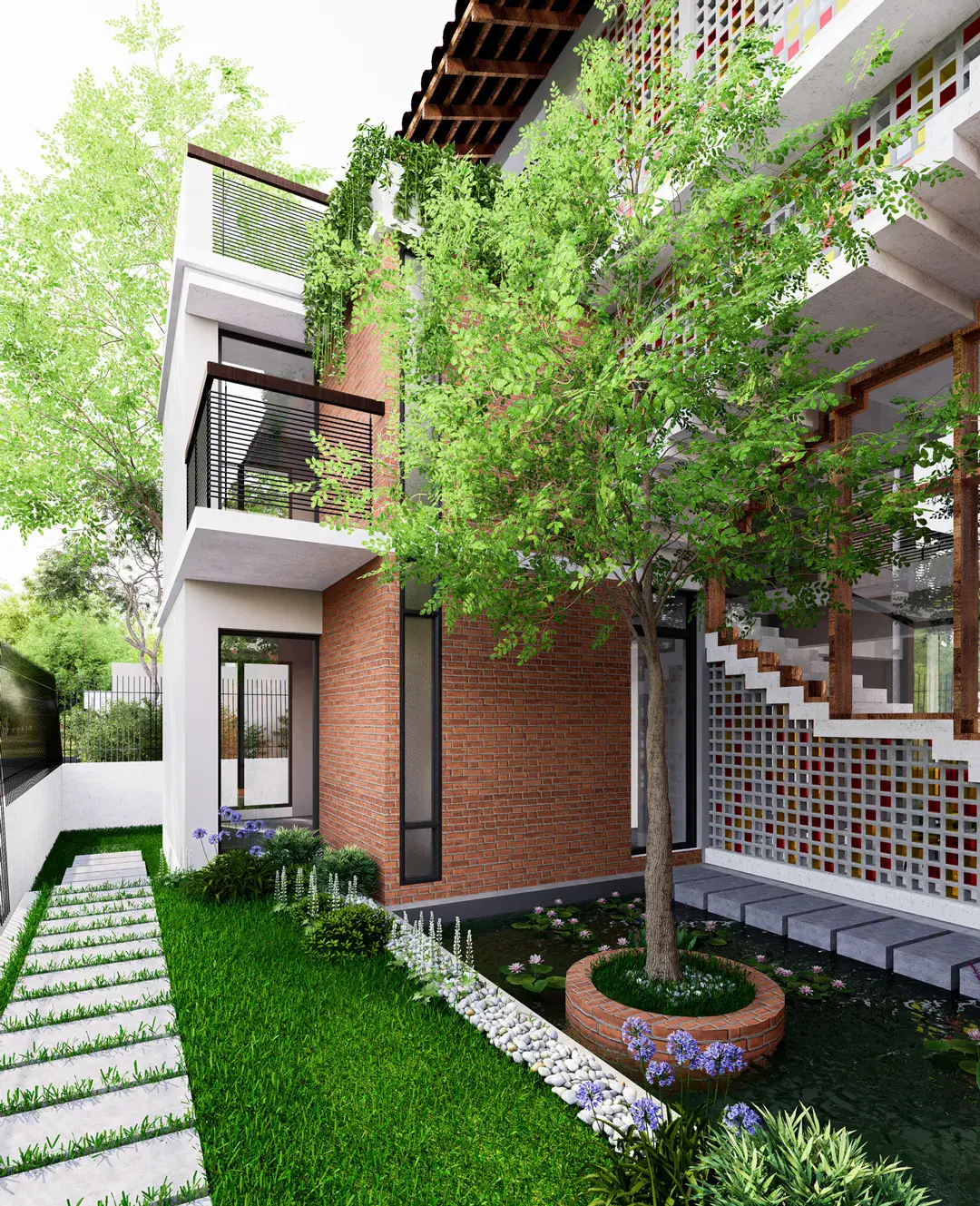 Garden court with a tree rising against brick and white walls