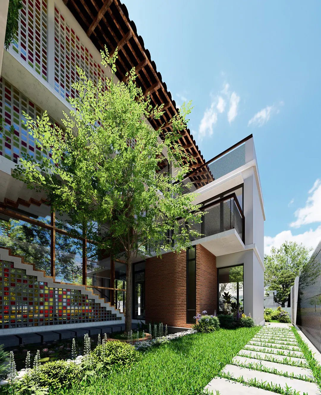 Courtyard garden of Tafazzal Residence with floor-to-ceiling glazing