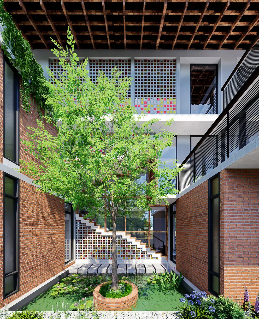 Sunlight filtered through a perforated screen into a courtyard, Tafazzal Residence
