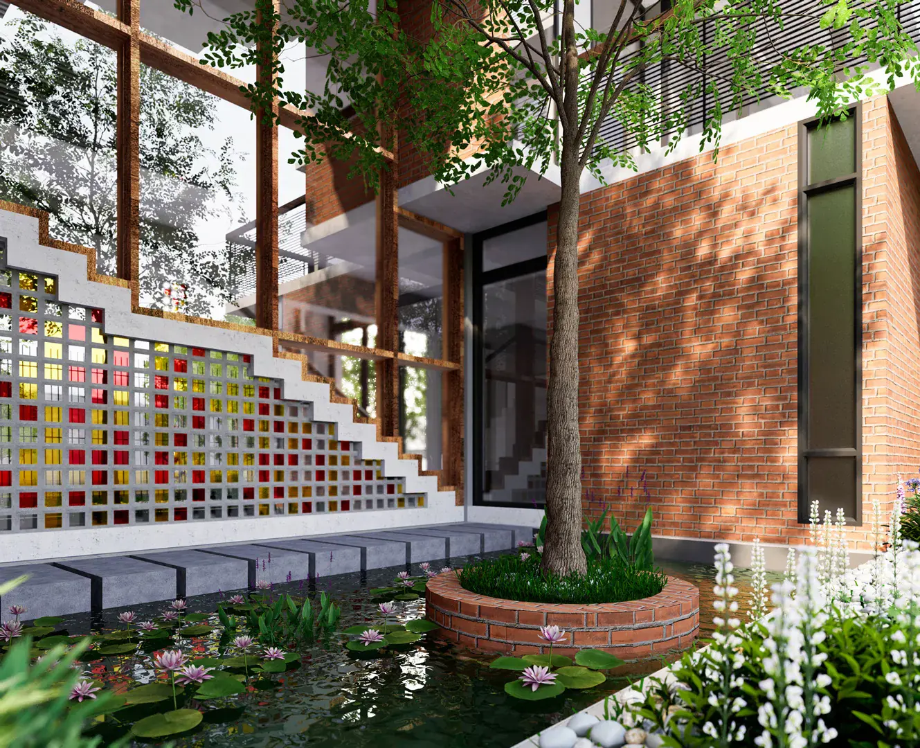 Colourful perforated brick wall above a lily pond, Tafazzal Residence